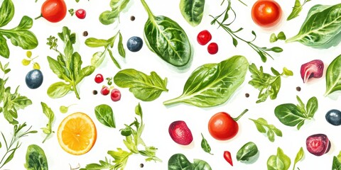 Obraz premium Freshness Unleashed: An overhead composition featuring an array of fresh ingredients. Showcasing a diverse range of healthy elements.