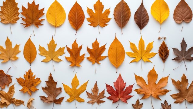 Set of dry brown leaves displayed on a white background. Autumn-colored maple, oak, poplar, plane tree, beech, and birch leaves.