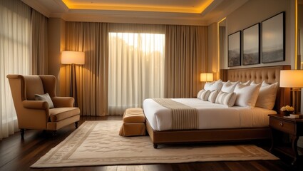 A roomy hotel suite featuring a large bed adorned with crisp white linens, ambient lighting, and elegant decor. Includes a comfortable armchair and a chic area rug.