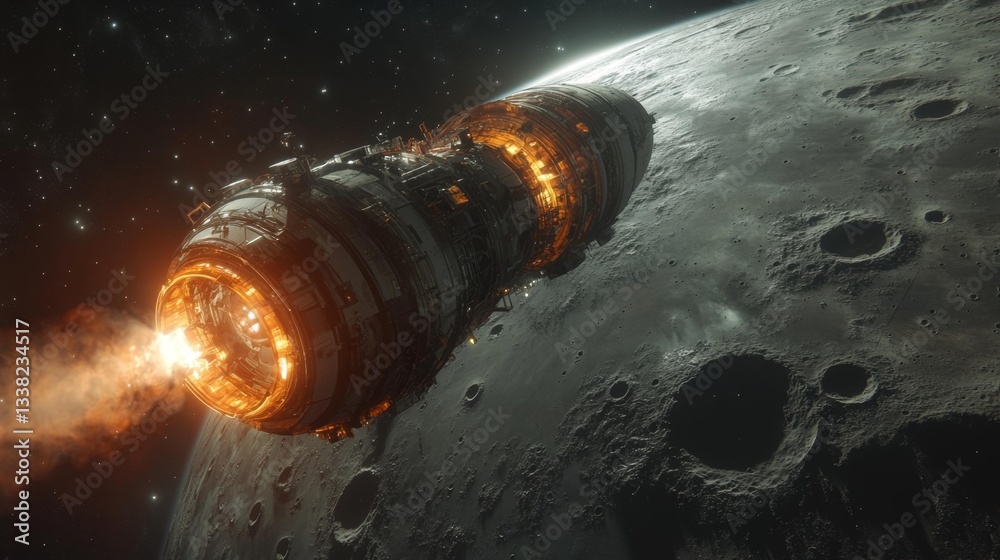 Wall mural glowing spacecraft in orbit above the moon with a deep space background. generative ai