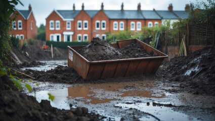 View of wet ground work with a large industrial skip filled with earth on one side of the frame. Space available for adding text on the blurred wet mud and sloped garden floor.