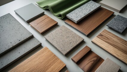 Samples of interior material include concrete tile, wooden laminate or veneer, artificial stones, green fabric for drapery, and wooden vinyl flooring, chosen for the mood and tone board.
