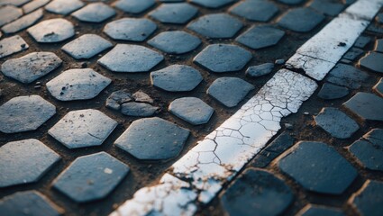 Separating white line on the pedestrian path for dividing pedestrians and cyclists, closeup