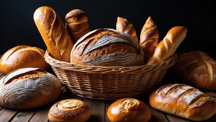 Wicker basket filled with various kinds of fresh bread on a wooden surface.