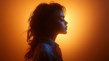 Serene Woman Silhouette  Orange and Blue  Cinematic Lighting  High Resolution Photo