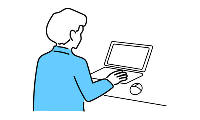 パソコンを使用している男性の後ろ姿のイラスト
