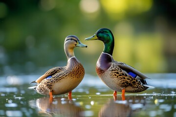 Obraz premium Couple of mallard ducks standing on water surface