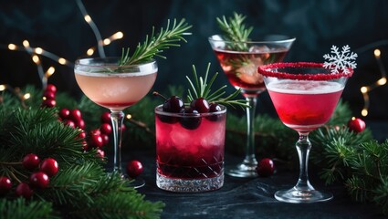 New Year's or Christmas beverages in glasses adorned with lights, presents, and green foliage against a dark backdrop.