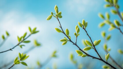 Obraz premium Lively Spring Buds on Branches against a Bright Blue Sky Background