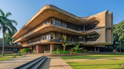 Obraz premium Modern university building in India with a blend of contemporary design and local styles. stock photo --ar 16:9 --style raw --v 6 Job ID: fa5f43d2-16f0-4cd8-8fbc-794ec7ebd4d2