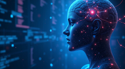 Obraz premium A high-tech digital brain or abstract face created from data streams, glowing lines and networks of neurons.