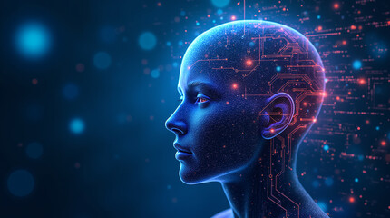 Obraz premium A high-tech digital brain or abstract face created from data streams, glowing lines and networks of neurons.