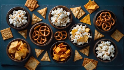 Salty snacks, party mix. A variety of crispy appetizers arranged from above on a slate background with space for text. Potato chips, tortilla chips, crackers, popcorn, etc.