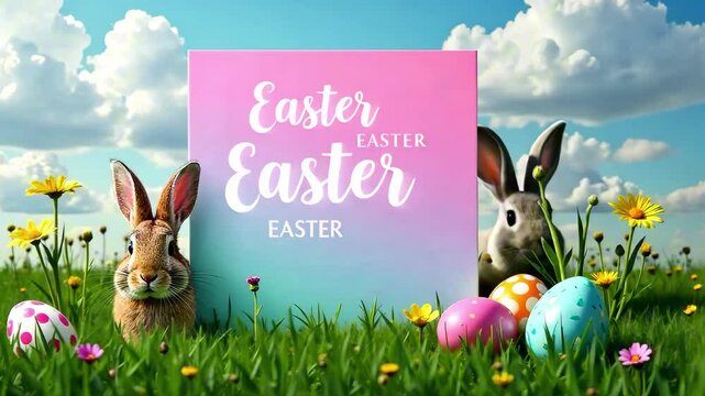 The inscription "Easter" appears on a pink and blue square sign, a rabbit is sitting next to it and multi-colored Easter eggs are lying, against the background of grass and clouds, a second rabbit 