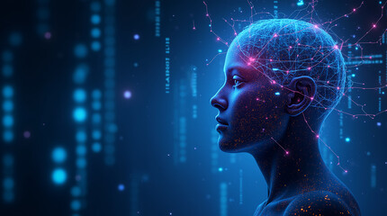 A high-tech digital brain or abstract face created from data streams, glowing lines and networks of neurons.