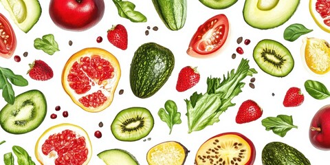 Deliciously Diverse: A vibrant overhead view of an assortment of fresh, colorful fruits and vegetables, artistically arranged, representing a healthy lifestyle.
