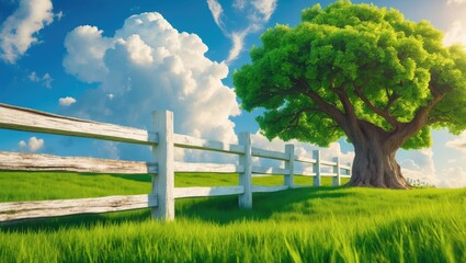 Fototapeta premium Wooden fence and lush grass outdoors, banner layout.