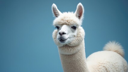 Alpaca in white color against a blue background