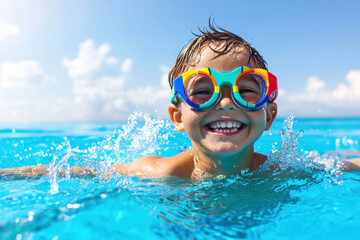 Fototapeta premium Joyful child swimming with colorful goggles on a sunny day in a pool.