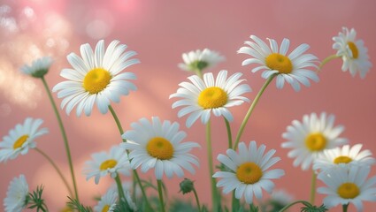 Obraz premium white chamomile blooms against a pink backdrop in sunlight