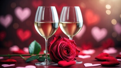 Valentine's wine and rose with a heart-themed background.