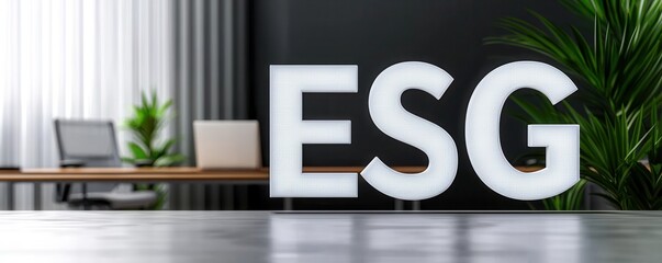 Social responsibility in business with ESG and corporate governance transparency concept. ESG letters displayed in a modern office setting with plants