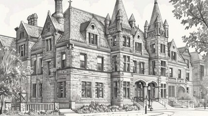 Obraz premium Engraving of a historic university building with intricate architectural details. stock photo --ar 16:9 --style raw --v 6 Job ID: f9035ac9-1099-4afa-ba1f-b5432bf3ce27
