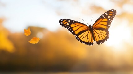 Fototapeta premium Monarch butterfly in a golden autumn setting