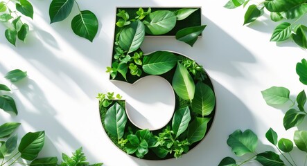 Number five figure created with green leaves. Concept of nature. Flat lay. Aerial perspective.