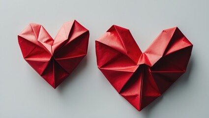 Two red origami hearts placed on a white backdrop. Gift cards. Aerial view.