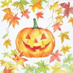 Festive Halloween Jack o lantern Pumpkin with Autumn Leaves Watercolor Painting