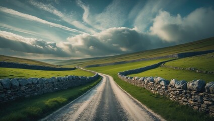 Naklejka premium Scenic route featuring stone walls on a bright sunny day with clouds and blue sky.