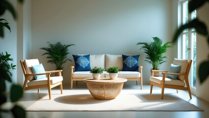 Blurred background of tranquil living room showcasing light wooden furniture, soft accents, and vibrant greenery, fostering a cozy and warm ambiance.