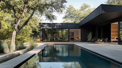 Fototapeta premium modern architecture design: a model of a contemporary creative single-family house with tall windows and concrete optic in the countryside