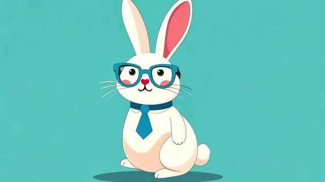 A white Easter bunny wearing blue-rimmed glasses and a blue tie dances, smiles, sings and moves towards the center on a blue background. The concept of a greeting card, Easter holiday.