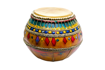 Vintage Handcrafted African Djembe Drum with Intricate Beaded Detailing on Black Background