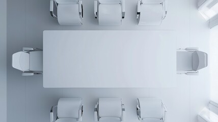 a top view on a meeting room - coworking space - an empty white office table desk with chairs against white floor. Copy space for text or product showcase