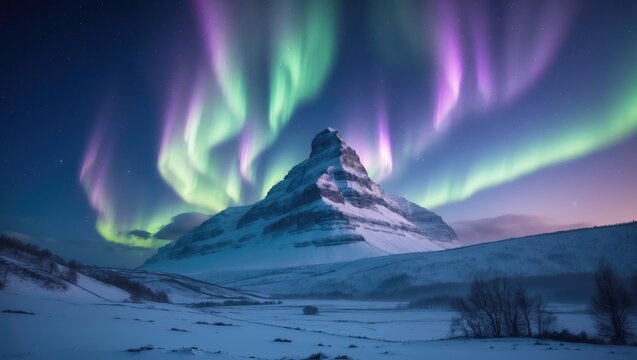 Mountain summit (Aurora borealis) arctic winter scenery, nocturnal view, star-filled sky, northern lights