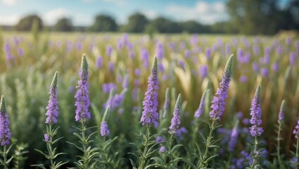 Verbena flourishing in a line within a farm field abundant with wildflowers on a breezy afternoon. © Holo Frame