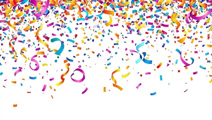 Colorful confetti and ribbons falling on a white background