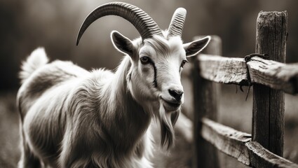 Fototapeta premium A long-haired goat with curved horns stands beside a rustic wooden fence, looking into the distance. The animal's thick fur and distinctive markings enhance its striking appearance.