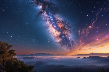 Naklejka premium Vibrant Milky Way Galaxy Under a Serene Sky: Captivating Space Journey Filled with Starlight and Cosmic Dust