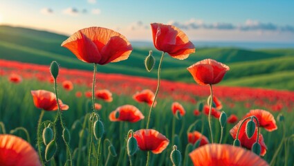 Fototapeta premium Wheat red poppy blossom