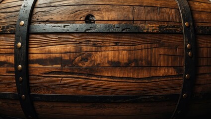 Fototapeta premium Vintage brown barrel wooden planks texture in close-up, featuring scratches and black stains on the aged oak barrel's grain.