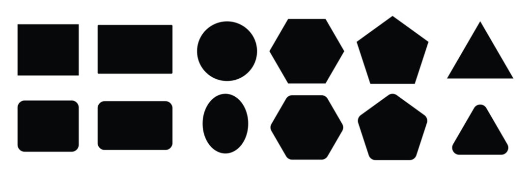 Geometric shapes flat icon set. Sharp and rounded corner shaped icon frames vector illustration.