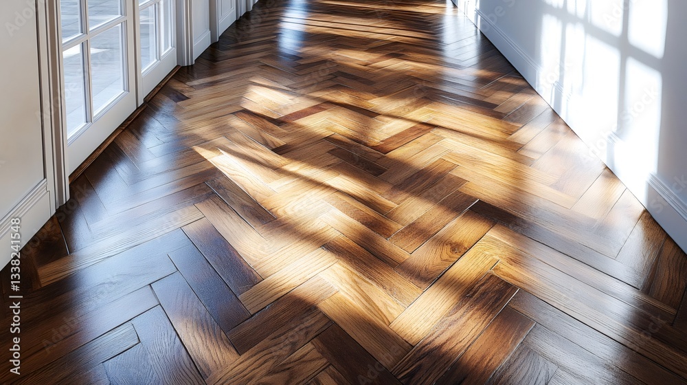 Poster sunlight illuminating empty corridor with herringbone parquet floor
