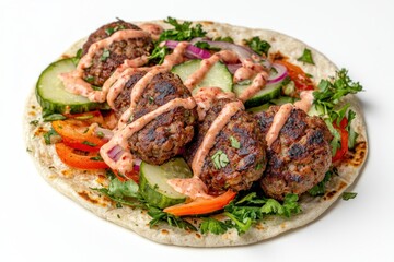 Appetizing view of lamb meatballs in warm pita bread with vibrant vegetables and creamy sauce studio food photography
