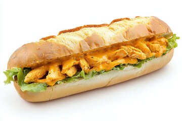 Delicious chicken sub sandwich with melted cheese and lettuce on a white background foodie treat fastfood cuisine