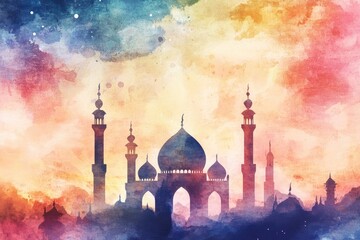 Watercolor painting of a mosque against colorful sky