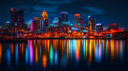 Fototapeta premium Vibrant Cityscape Night Reflection Colorful Skyscrapers Waterfront Illumination